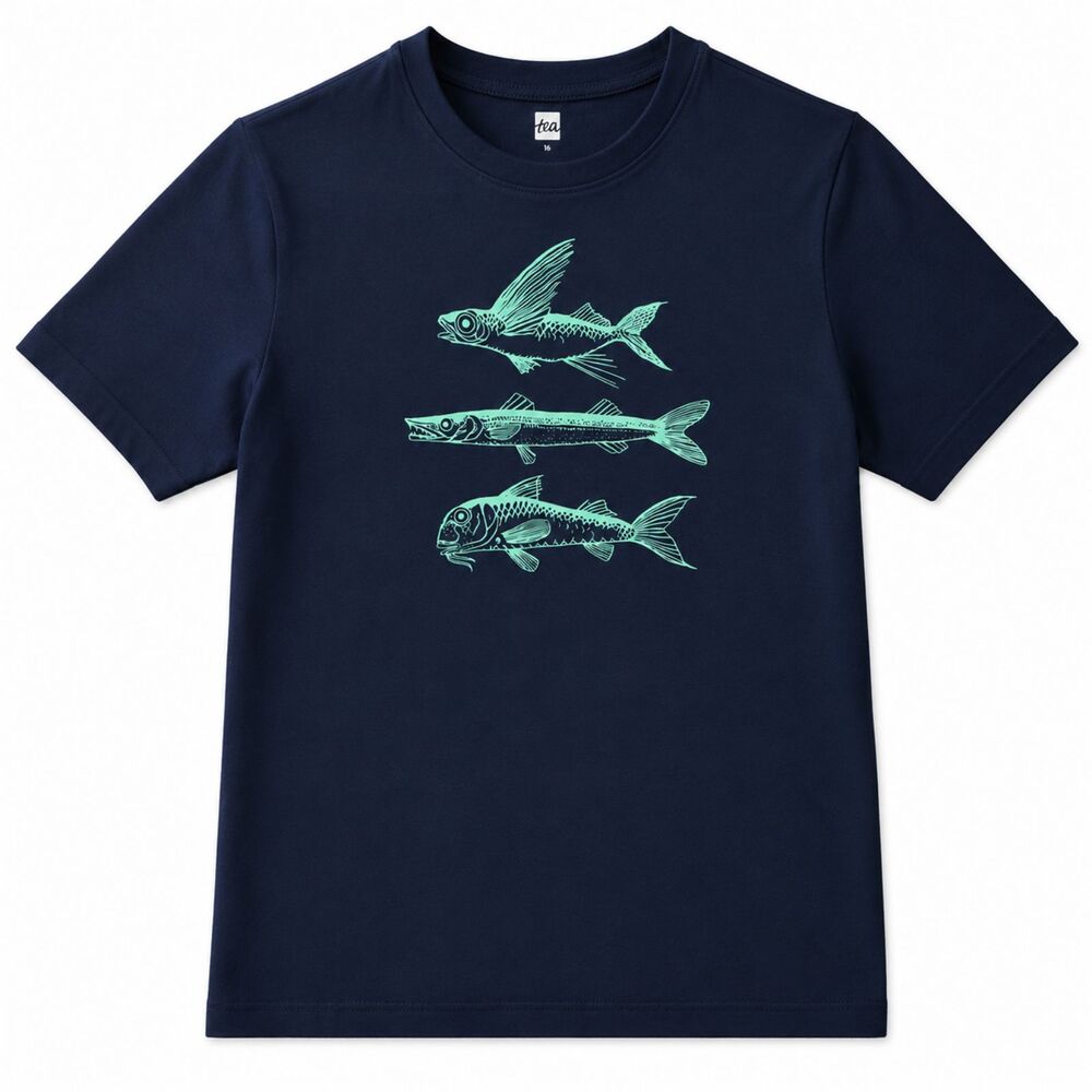 Tea Collection Boys Size 16 Fish Graphic Tee Navy Blue Youth XL 100% Cotton